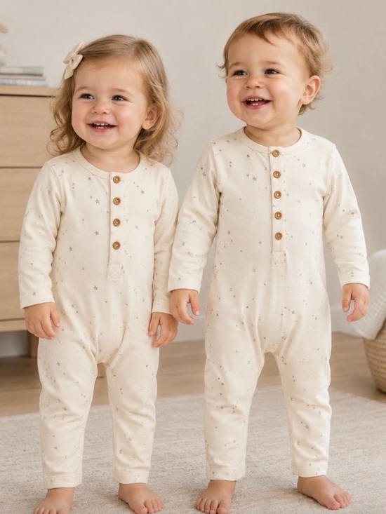 Quincy Mae Other - 2 Quincy Mae Organic Cotton Romper for Twins, ivory w/Star print, gender-neutral